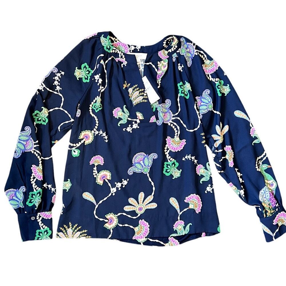 NWT Loft Navy Blue Floral Knit Blouse Size XS